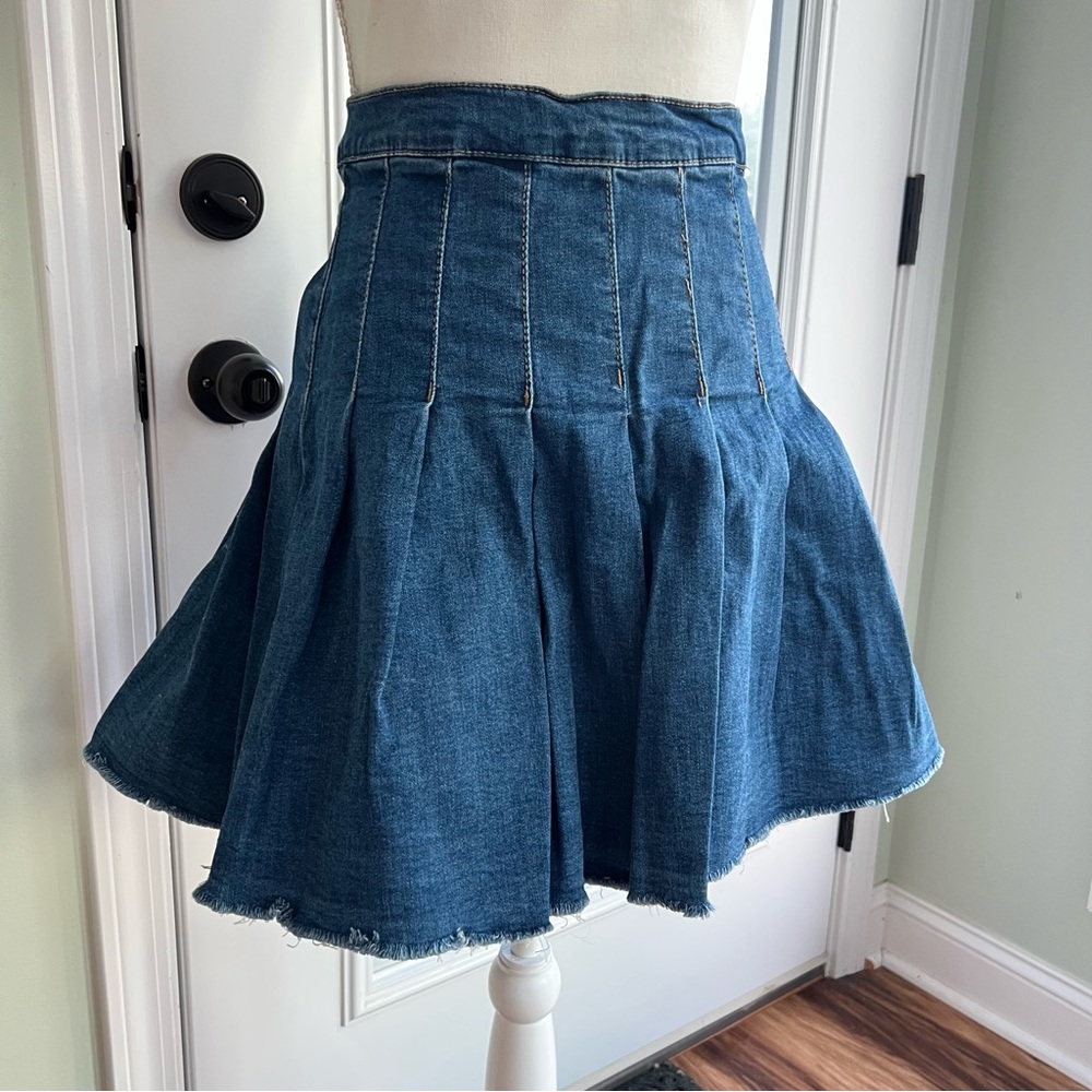 Dark denim pleated mini skirt